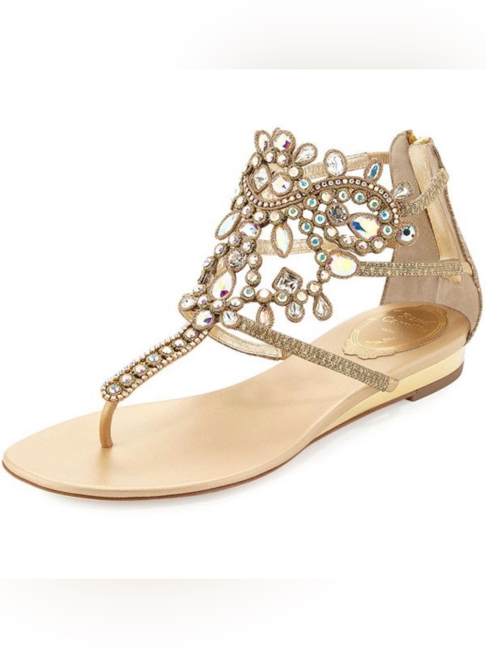Rene Caovilla Crystal Embellished T-Strap Gold Flat Sandals IT 38 US 8